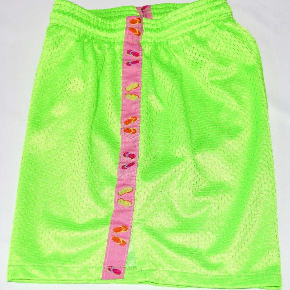 Neon Green Girl's Mesh Athletic Flip Flop Ribbon Gym Shorts - Small